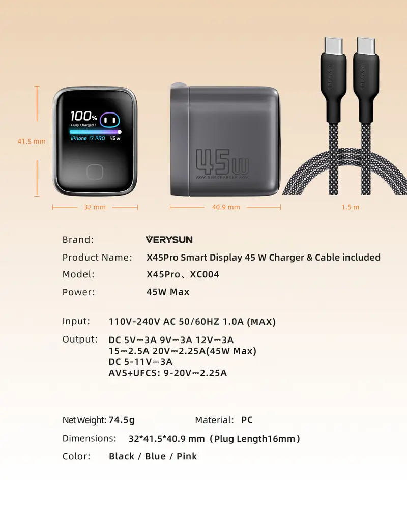 Verysun 45W Smart Display Wall Charger | Foldable Plug, Real-Time Charging Display for iPhone, iPad, MacBook