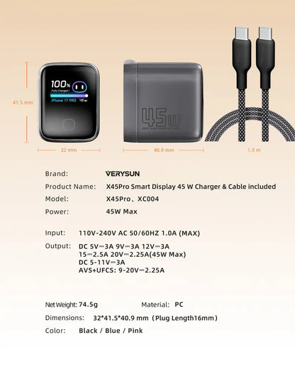 Verysun 45W Smart Display Wall Charger | Foldable Plug, Real-Time Charging Display for iPhone, iPad, MacBook