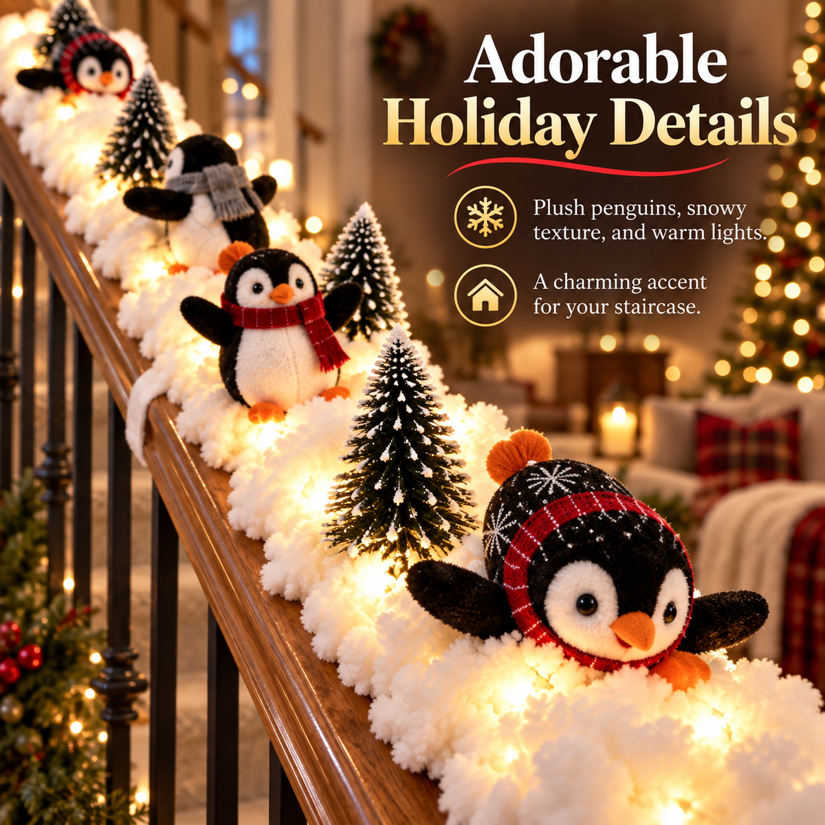 Cute Sliding Penguin Christmas Banister Decor, Winter Stair Railing Holiday Ornament for Indoor Home Christmas Decoration  >