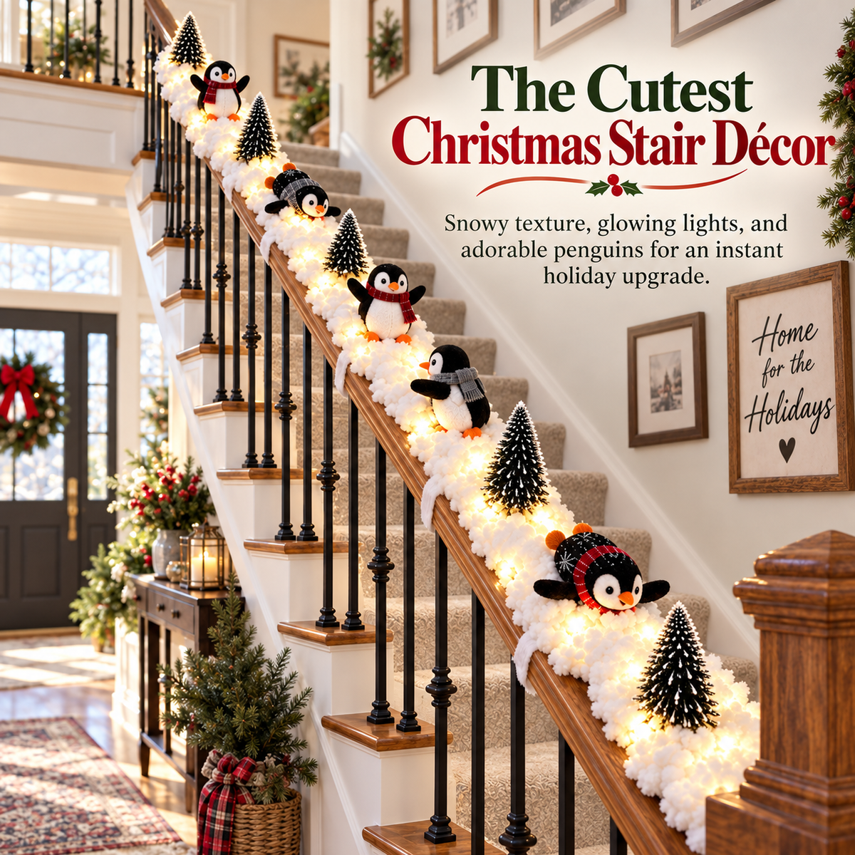 Cute Sliding Penguin Christmas Banister Decor, Winter Stair Railing Holiday Ornament for Indoor Home Christmas Decoration  >