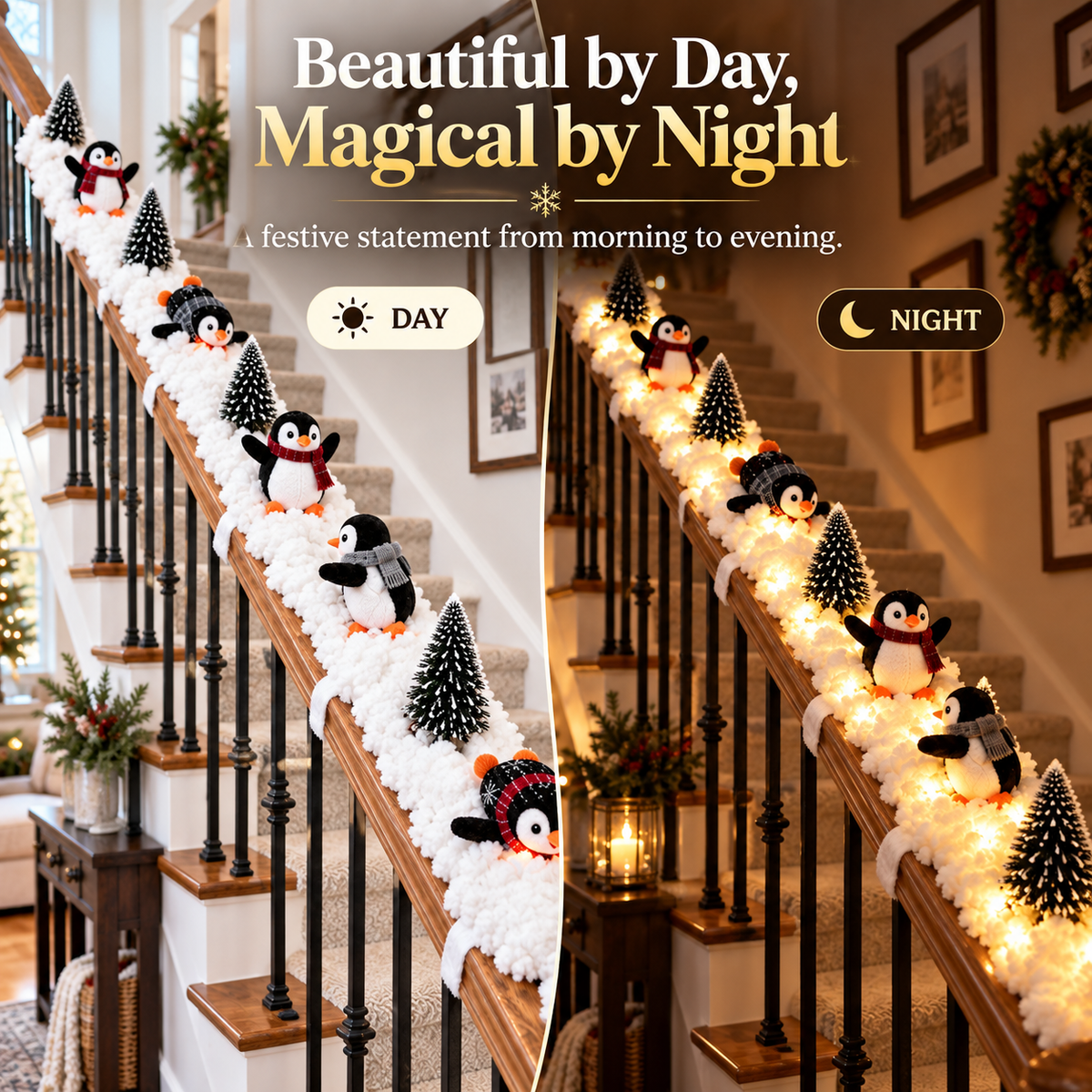 Cute Sliding Penguin Christmas Banister Decor, Winter Stair Railing Holiday Ornament for Indoor Home Christmas Decoration  >