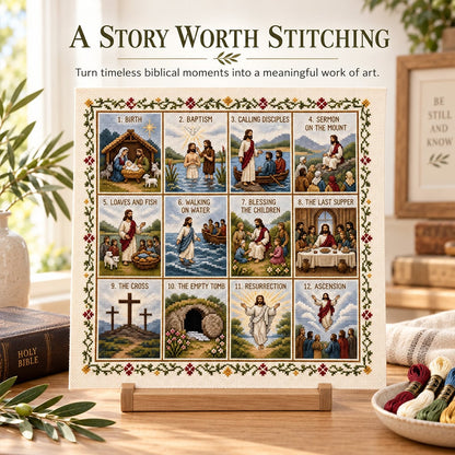 ✝️ Beginner-Friendly Life of Jesus Bible Story Cross Stitch DIY Kit | 6 Biblical Collections with Fabric, Color-Matched Floss, Needle & Pattern Guide Included 💕