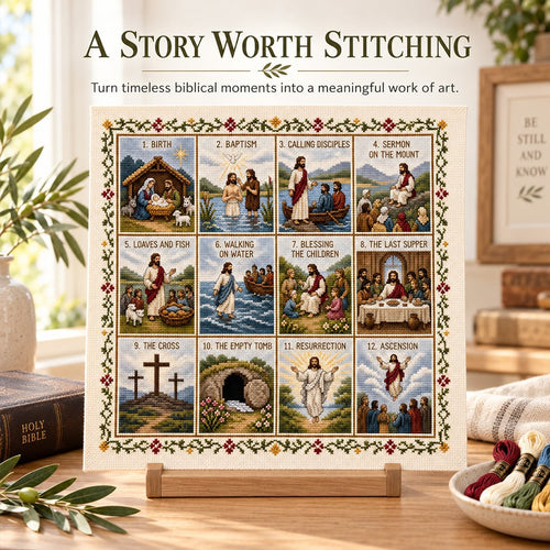✝️ Beginner-Friendly Life of Jesus Bible Story Cross Stitch DIY Kit | 6 Biblical Collections with Fabric, Color-Matched Floss, Needle & Pattern Guide Included 💕