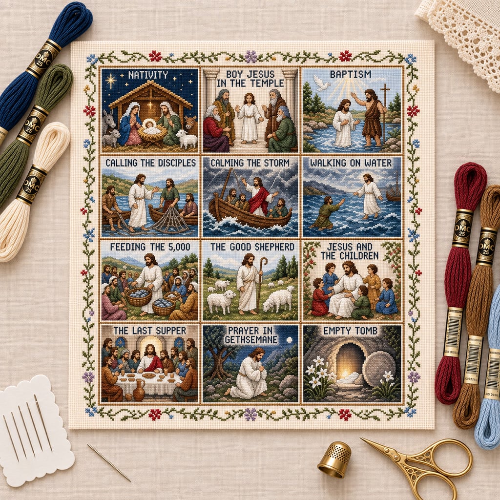 ✝️ Beginner-Friendly Life of Jesus Bible Story Cross Stitch DIY Kit | 6 Biblical Collections with Fabric, Color-Matched Floss, Needle & Pattern Guide Included 💕
