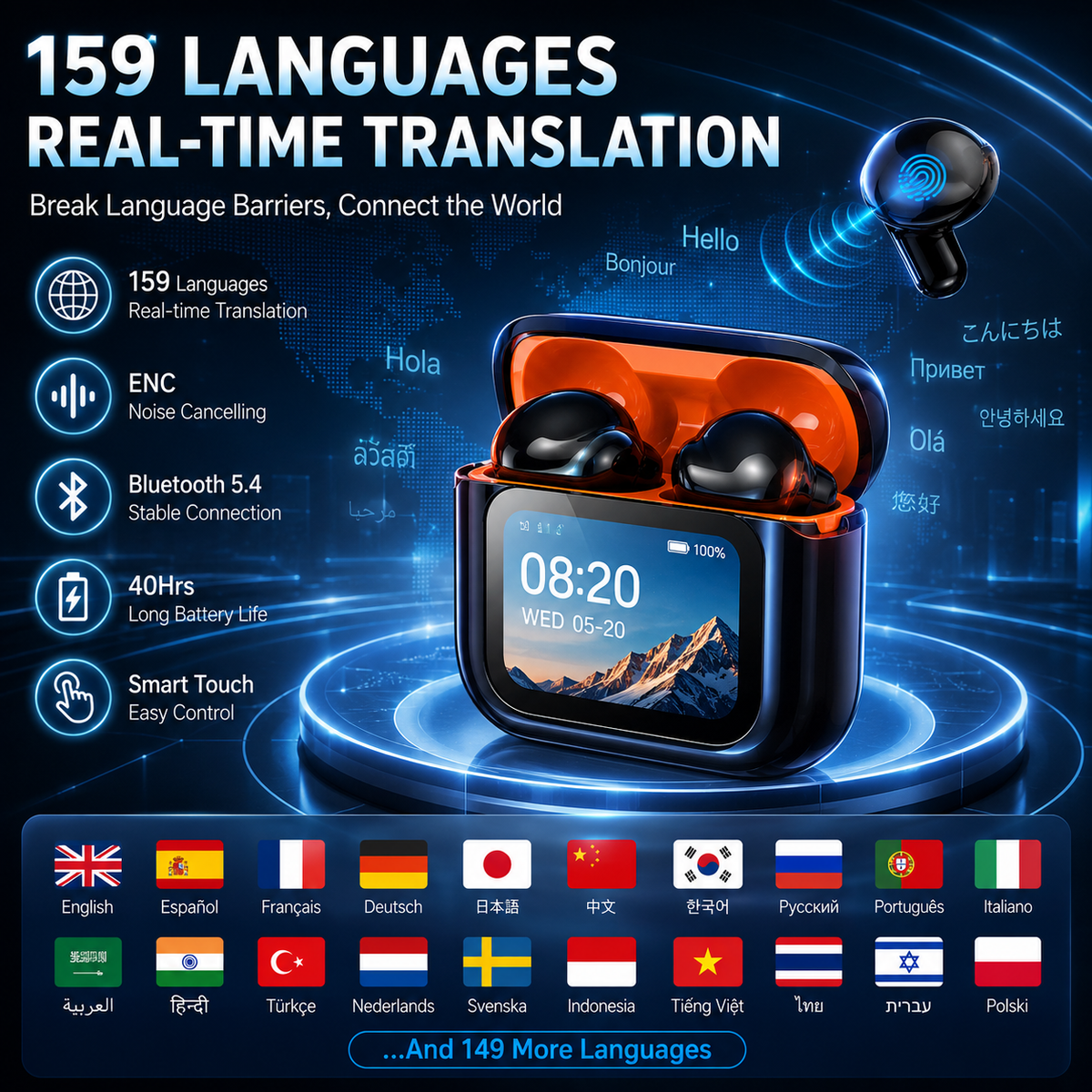 2026 New Real-Time Translation Earbuds, Wireless Bluetooth Noise Canceling Headphones for Travel & Business