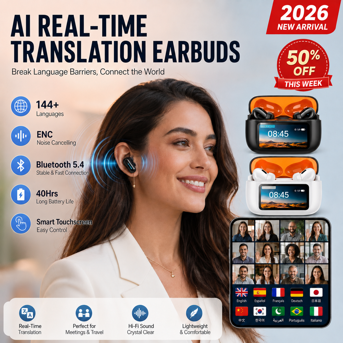 2026 New Real-Time Translation Earbuds, Wireless Bluetooth Noise Canceling Headphones for Travel & Business