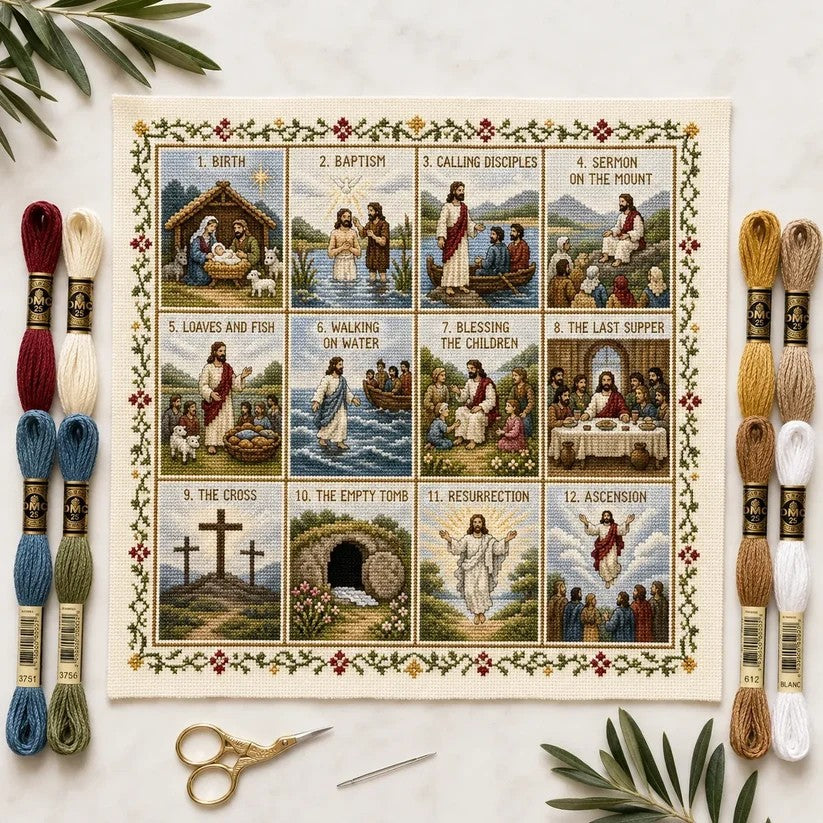 ✝️ Beginner-Friendly Life of Jesus Bible Story Cross Stitch DIY Kit | 6 Biblical Collections with Fabric, Color-Matched Floss, Needle & Pattern Guide Included 💕