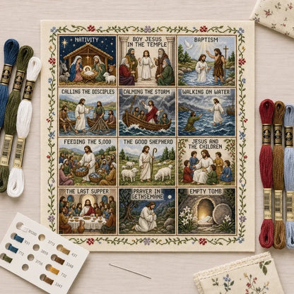 ✝️ Beginner-Friendly Life of Jesus Bible Story Cross Stitch DIY Kit | 6 Biblical Collections with Fabric, Color-Matched Floss, Needle & Pattern Guide Included 💕