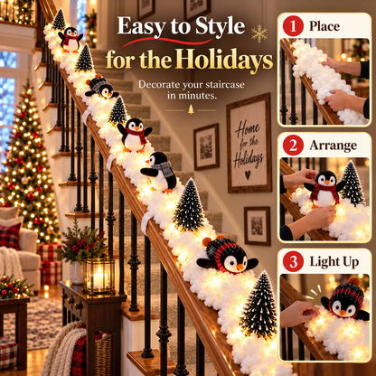 Cute Sliding Penguin Christmas Banister Decor, Winter Stair Railing Holiday Ornament for Indoor Home Christmas Decoration  >