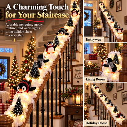 Cute Sliding Penguin Christmas Banister Decor, Winter Stair Railing Holiday Ornament for Indoor Home Christmas Decoration  >