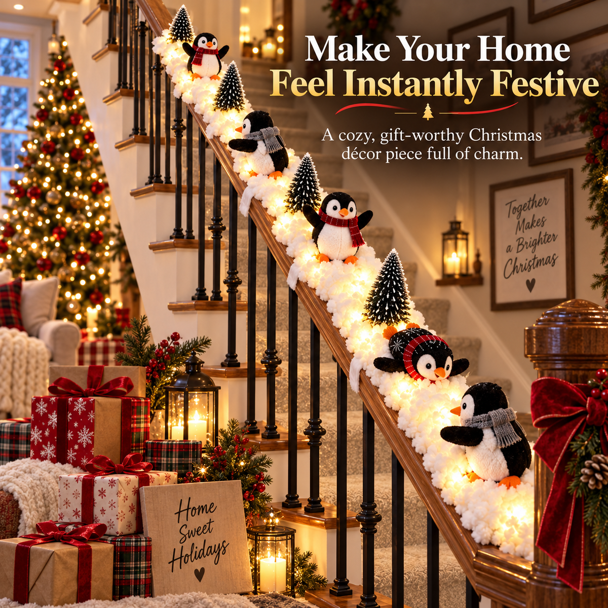Cute Sliding Penguin Christmas Banister Decor, Winter Stair Railing Holiday Ornament for Indoor Home Christmas Decoration  >