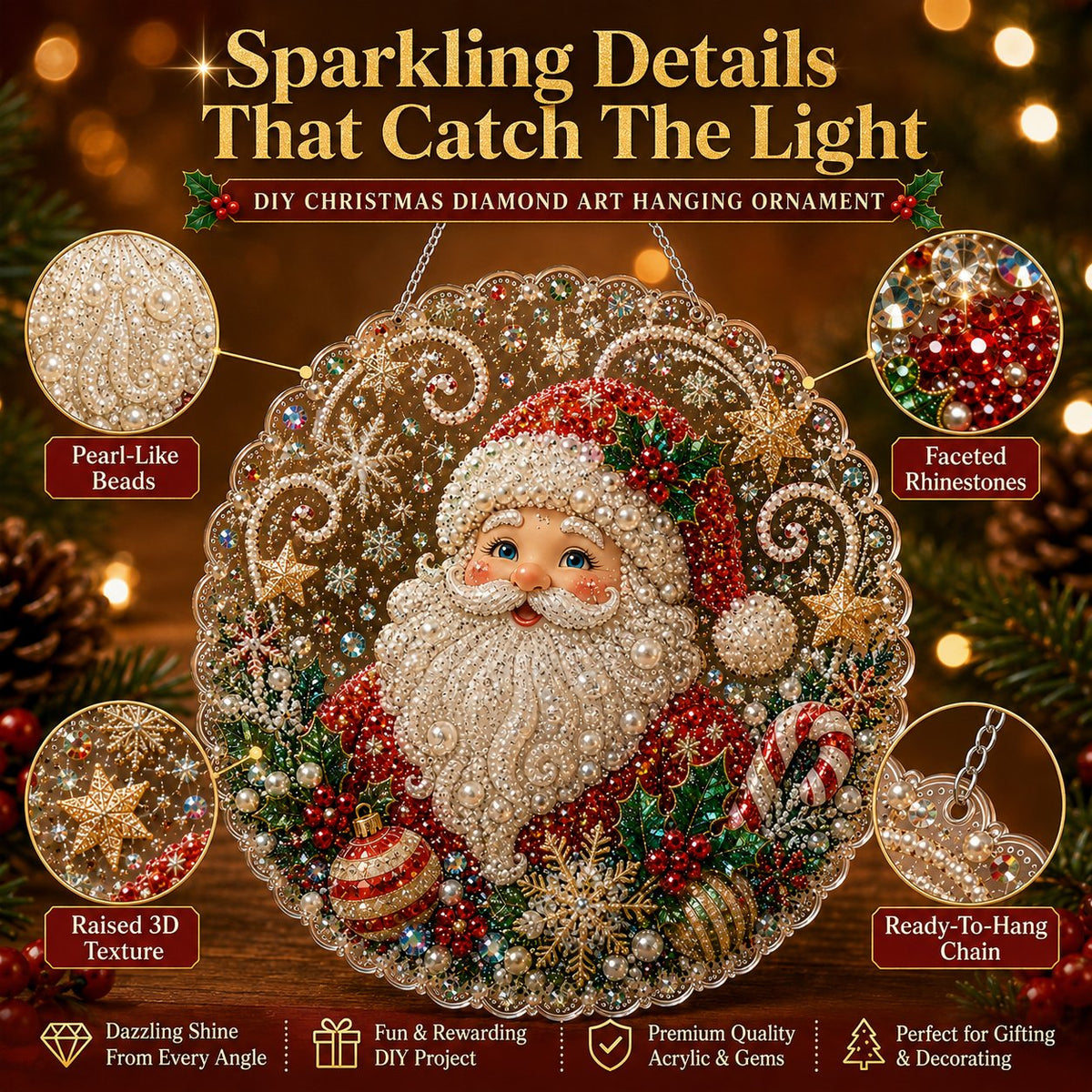 🎄 LAST DAY 49% OFF🎄 Christmas Pearl Diamond Art Hanging Ornament Kit | Luxury Flocked Canvas with Scratch-Resistant Non-Fading Pearl Beads DIY Handmade Holiday Hanging Decor 🎅💎