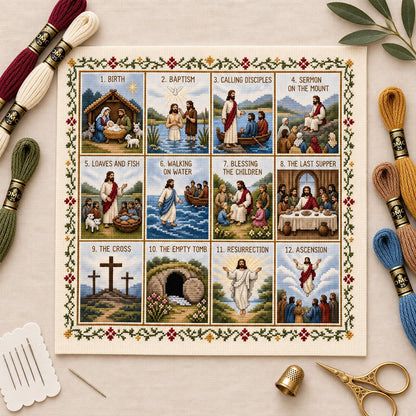 ✝️ Beginner-Friendly Life of Jesus Bible Story Cross Stitch DIY Kit | 6 Biblical Collections with Fabric, Color-Matched Floss, Needle & Pattern Guide Included 💕