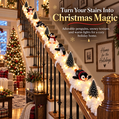 Cute Sliding Penguin Christmas Banister Decor, Winter Stair Railing Holiday Ornament for Indoor Home Christmas Decoration  >